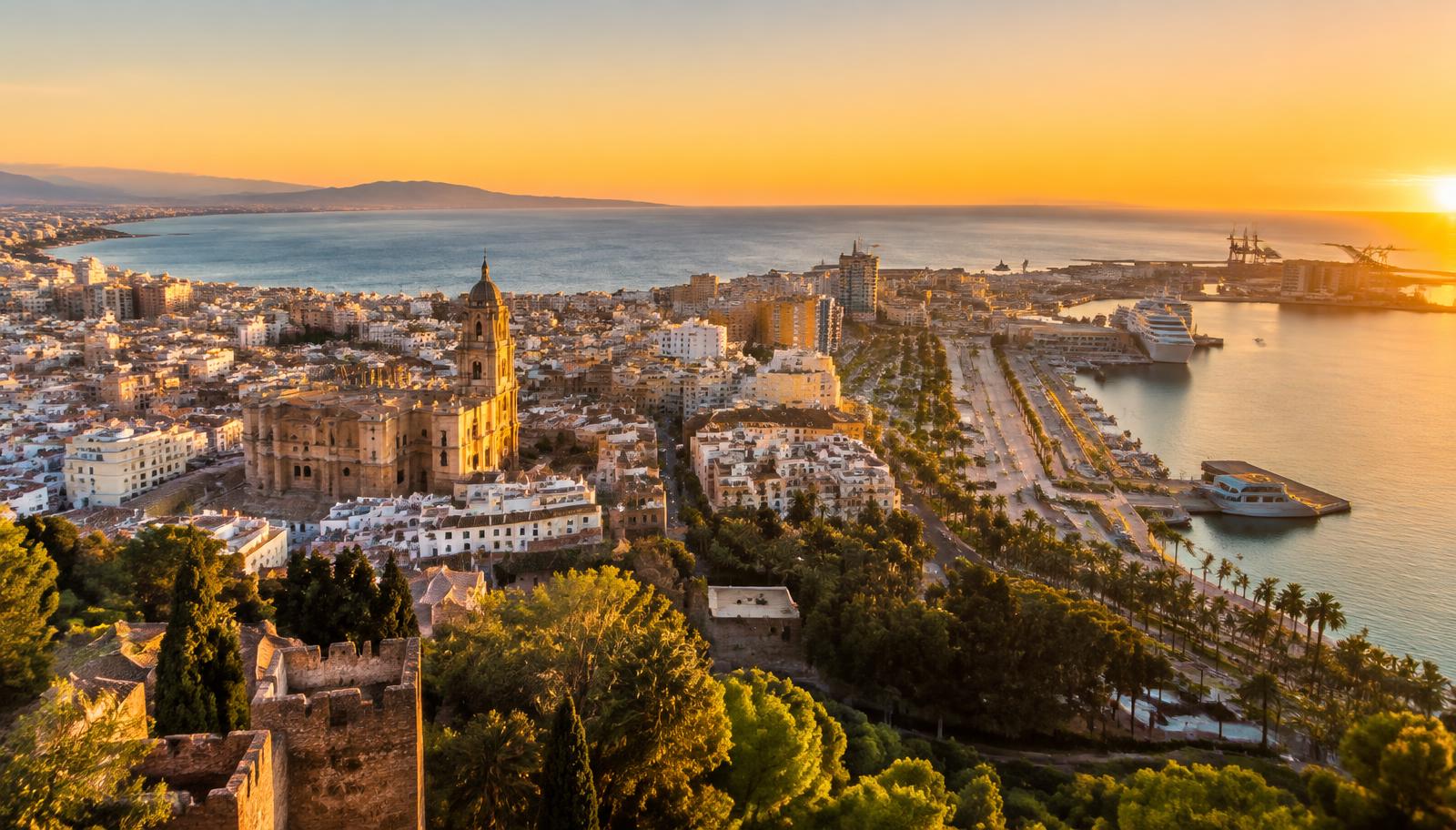 Málaga coastline and cathedral at golden hour